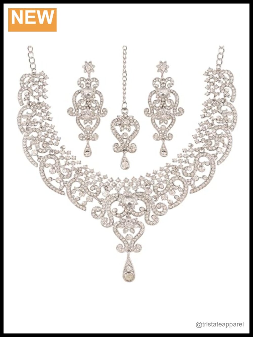 Indian Bollywood Jewelry Set V Necklace Long Earrings Bridal Maang Tikka